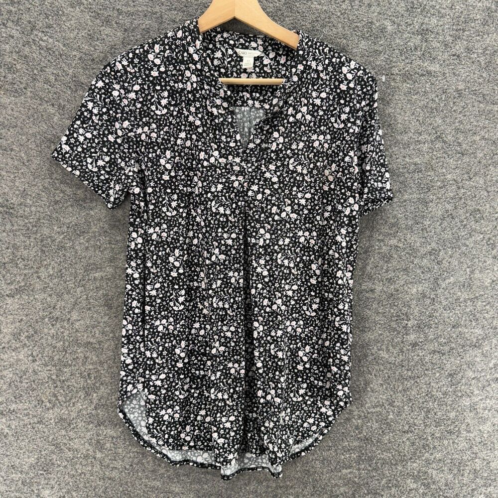 Cato Blouse Women M Medium Black Floral V-Neck Short Sleeve Pullover Casual